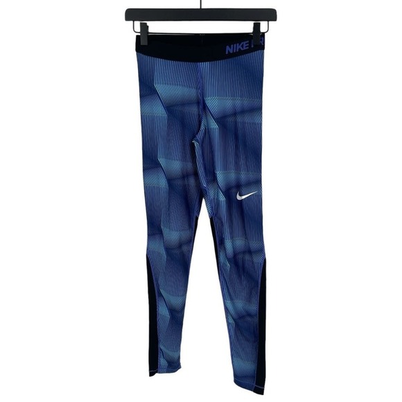 Nike Pro Womens Dri-Fit Blue Geometric Stripe Print Vented Leggings Size Small S - Picture 3 of 8